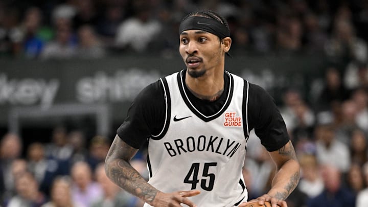 Mar 31, 2025; Dallas, Texas, USA; Brooklyn Nets guard Keon Johnson (45) in action during the game between the Dallas Mavericks and the Brooklyn Nets at the American Airlines Center. Mandatory Credit: Jerome Miron-Imagn Images