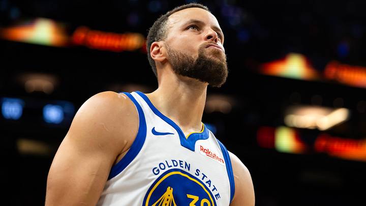 Apr 17, 2026; Phoenix, Arizona, USA; Golden State Warriors guard Stephen Curry (30) reacts against the Phoenix Suns during the play-in rounds of the 2026 NBA Playoffs at Mortgage Matchup Center. Mandatory Credit: Mark J. Rebilas-Imagn Images