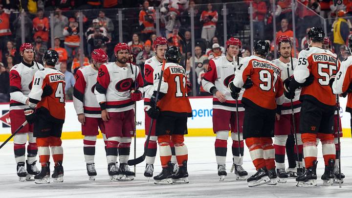 May 9, 2026; Philadelphia, Pennsylvania, USA; The Carolina Hurricanes and Philadelphia Flyers shake hands after game four of the second round of the 2026 Stanley Cup Playoffs at Xfinity Mobile Arena. Mandatory Credit: James Lang-Imagn Images