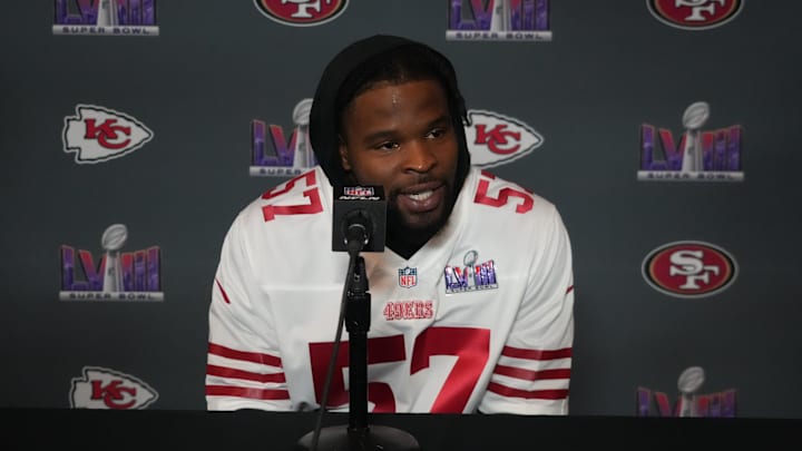Feb 6, 2024; Las Vegas, NV, USA; San Francisco 49ers linebacker Dre Greenlaw (57) during a press conference before Super Bowl LVIII at the Hilton Lake Las Vegas Resort. Mandatory Credit: Kirby Lee-Imagn Images