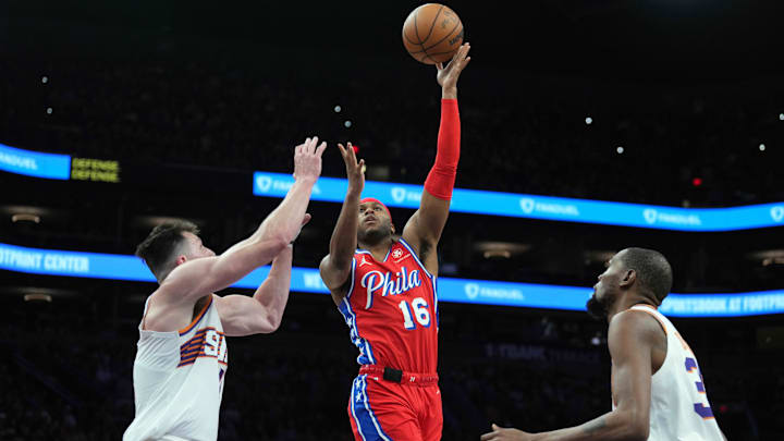 Mar 20, 2024; Phoenix, Arizona, USA; Philadelphia 76ers guard Ricky Council IV (16) shoots against the Phoenix Suns during the second half at Footprint Center. Mandatory Credit: Joe Camporeale-Imagn Images
