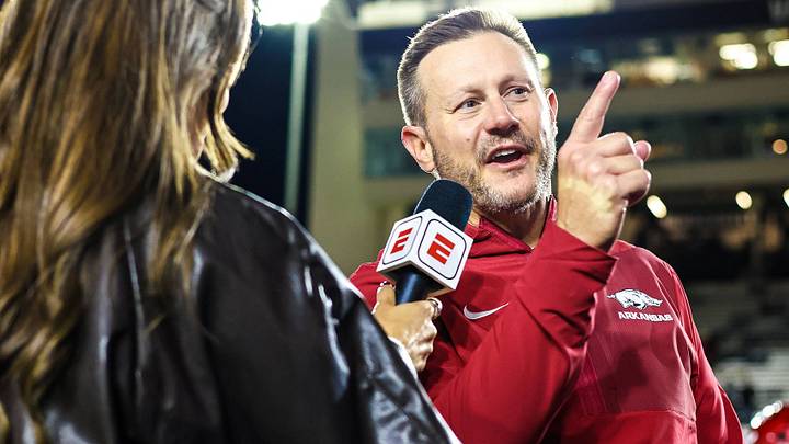 Arkansas Razorbacks coach Ryan Silverfield speaks to the SEC Network sideline reporter following the team's 31-21 victory at Vanderbilt. Arkansas Razorbacks coach Ryan Silverfield speaks to the SEC Network sideline reporter following the team's 31-21 victory at Vanderbilt.
