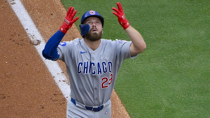 Aug 9, 2025; St. Louis, Missouri, USA;  Chicago Cubs first baseman Michael Busch (29) reacts as he runs the bases after hitting a three run home run against the St. Louis Cardinals during the second inning at Busch Stadium. 