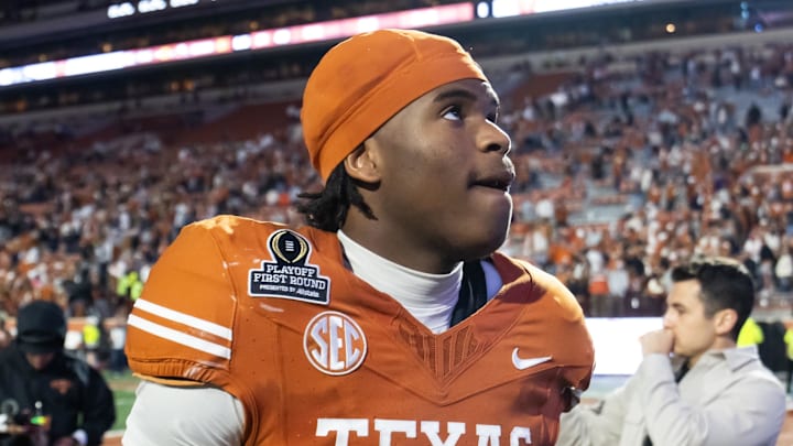 Dec 21, 2024; Austin, Texas, USA; Texas Longhorns wide receiver Ryan Wingo (5) against the Clemson Tigers during the CFP National playoff first round at Darrell K Royal-Texas Memorial Stadium. Mandatory Credit: Mark J. Rebilas-Imagn Images
