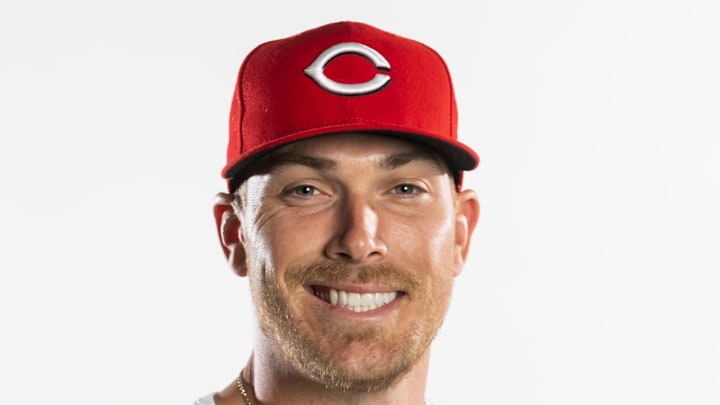 Feb 18, 2025; Goodyear, AZ, USA; Cincinnati Reds catcher Tyler Stephenson poses for a portrait during Media Day at the Cincinnati Reds Development Complex. Mandatory Credit: Mark J. Rebilas-Imagn Images