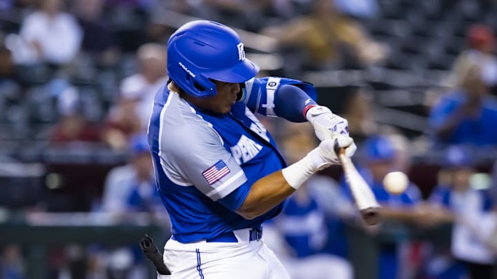 Aug 28, 2022; Phoenix, Arizona, US; East outfielder Alfonsin Rosario (37) during the Perfect Game All-American Classic high school baseball game at Chase Field. Aug 28, 2022; Phoenix, Arizona, US; East outfielder Alfonsin Rosario (37) during the Perfect Game All-American Classic high school baseball game at Chase Field.