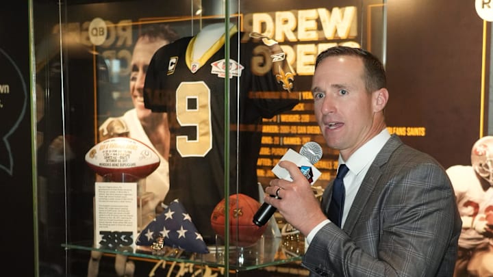 2026 Pro Football Hall of Fame enshrinee Drew Brees talks about his items on display at the Hall of Fame during the unveiling ceremony Friday, April 17, 2026.