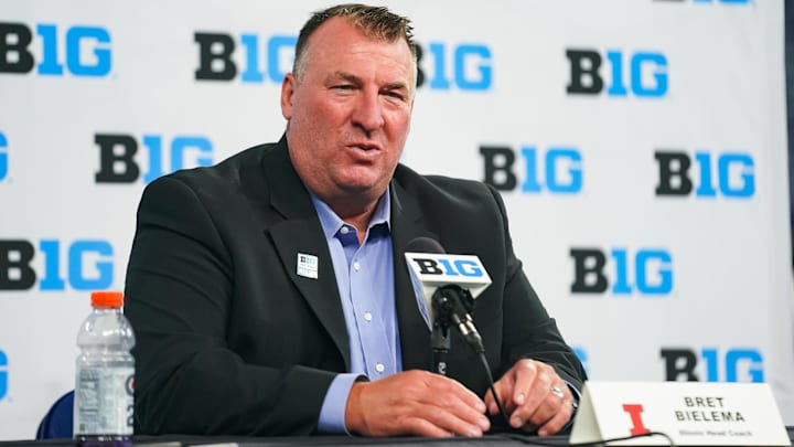 Jul 26, 2023; Indianapolis, IN, USA; Illinois Fighting Illini head coach Bret Bielema speaks to the media during the Big 10 football media day at Lucas Oil Stadium. Mandatory Credit: Robert Goddin-Imagn Images