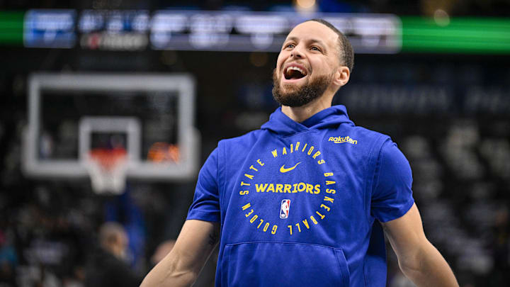 Feb 12, 2025; Dallas, Texas, USA; Golden State Warriors guard Stephen Curry (30) warms up before the game against the Dallas Mavericks at the American Airlines Center. Mandatory Credit: Jerome Miron-Imagn Images
