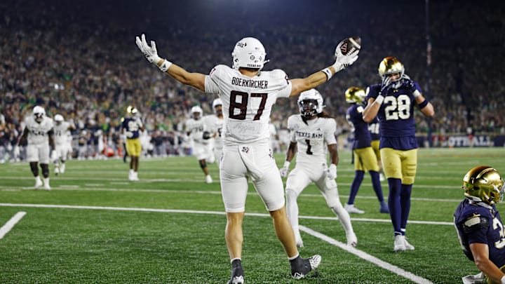 Sep 13, 2025; South Bend, Indiana, USA; Texas A&M Aggies tight end Nate Boerkircher (87) celebrates after their win against the Notre Dame Fighting Irish at Notre Dame Stadium. Mandatory Credit: Michael Caterina-Imagn Images