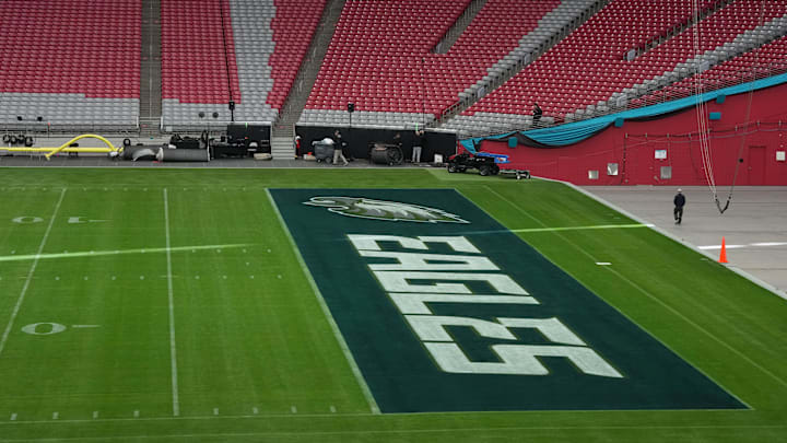 Feb 7, 2023; Phoenix, AZ, USA; The Philadelphia Eagles logo in the end zone prior to Super Bowl 57 at State Farm Stadium. Mandatory Credit: Kirby Lee-Imagn Images