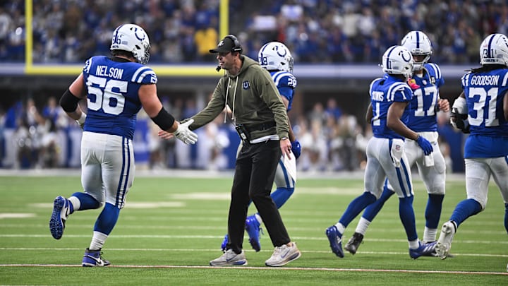 Oct 26, 2025; Indianapolis, Indiana, USA; Indianapolis Colts guard Quenton Nelson (56) celebrates with Indianapolis Colts head coach Shane Steichen after a touchdown during the second quarter against the Tennessee Titans at Lucas Oil Stadium. Mandatory Credit: Robert Goddin-Imagn Images