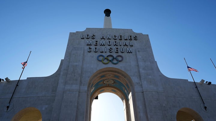 Sep 11, 2021; Los Angeles, California, USA; A general overall view of the Los Angeles Memorial Coliseum peristyle and Olympic torch before a game between the Standford Cardinal and the USA Trojans. 