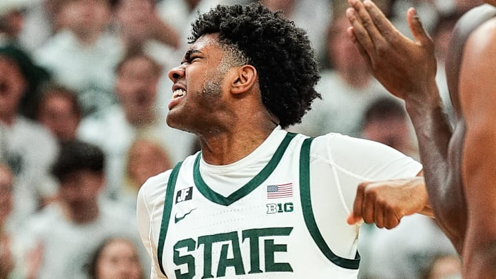 Michigan State guard Jase Richardson (11) celebrates a play against Michigan during the first half at Breslin Center in East Lansing on Sunday, March 9, 2025.