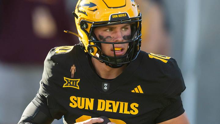 Oct 25, 2025; Tempe, Arizona, USA; Arizona State Sun Devils quarterback Sam Leavitt (10) against the Houston Cougars at Mountain America Stadium. Mandatory Credit: Mark J. Rebilas-Imagn Images Oct 25, 2025; Tempe, Arizona, USA; Arizona State Sun Devils quarterback Sam Leavitt (10) against the Houston Cougars at Mountain America Stadium. Mandatory Credit: Mark J. Rebilas-Imagn Images