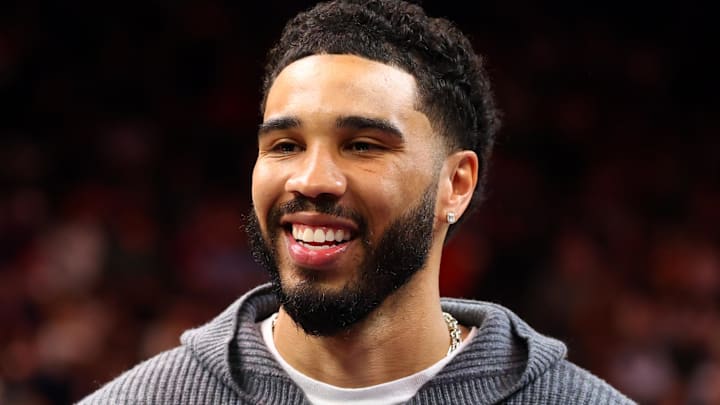 Feb 24, 2026; Phoenix, Arizona, USA; Boston Celtics injured forward Jayson Tatum against the Phoenix Suns in the first half at Mortgage Matchup Center. Mandatory Credit: Mark J. Rebilas-Imagn Images