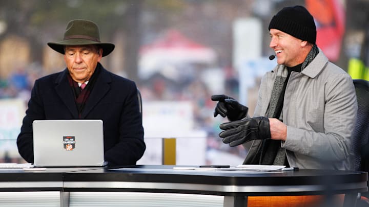 Kirk Herbstreit, right, and Nick Saban prepare for the start of the ESPN College GameDay Kirk Herbstreit, right, and Nick Saban prepare for the start of the ESPN College GameDay