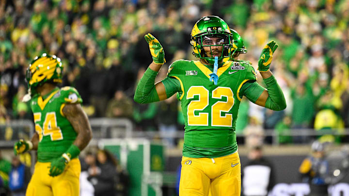 Dec 20, 2025; Eugene, OR, USA; Oregon Ducks defensive back Jadon Canady (22) celebrates after a play during the second quarter against the James Madison Dukes at Autzen Stadium. Mandatory Credit: Troy Wayrynen-Imagn Images Dec 20, 2025; Eugene, OR, USA; Oregon Ducks defensive back Jadon Canady (22) celebrates after a play during the second quarter against the James Madison Dukes at Autzen Stadium. Mandatory Credit: Troy Wayrynen-Imagn Images