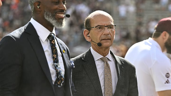 SEC Nation Roman Harper (left) and Paul Finebaum (right) speak on the sideline.
