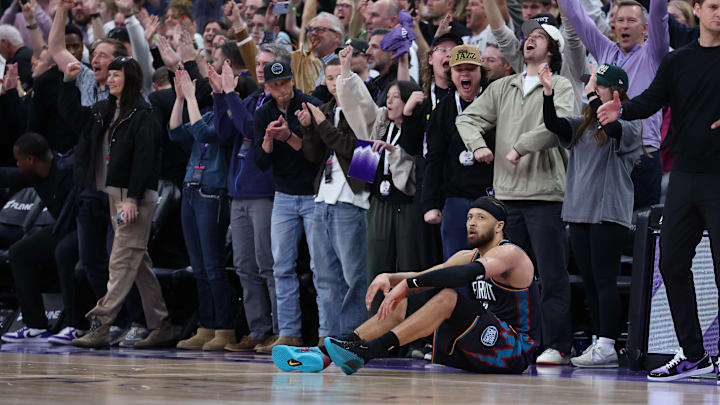 Dec 26, 2025; Salt Lake City, Utah, USA; Detroit Pistons guard Cade Cunningham (2) reacts after a last second shot to win the game against the Utah Jazz falls short at Delta Center. Mandatory Credit: Rob Gray-Imagn Images