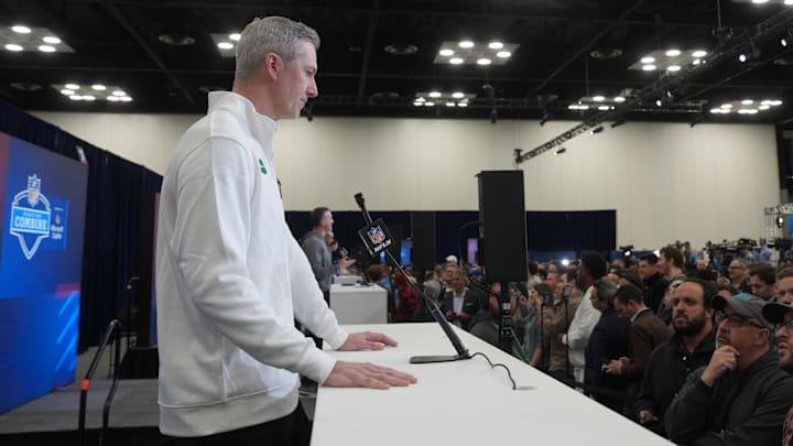 Feb 24, 2026; Indianapolis, IN, USA; New York Jets general manager Darren Mougey speaks at the NFL Scouting Combine at the Indiana Convention Center. Mandatory Credit: Kirby Lee-Imagn Images