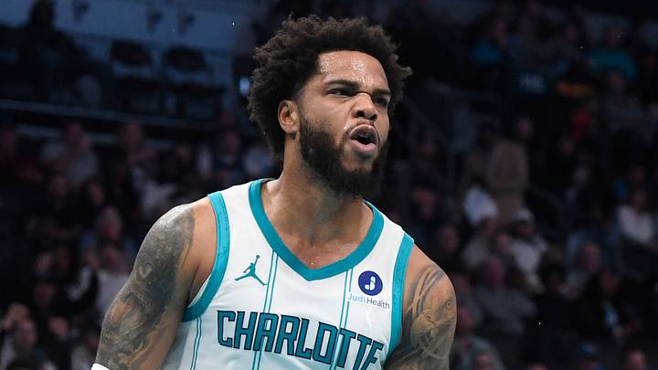 Charlotte Hornets forward Miles Bridges (0) reacts after scoring during the first half against the Denver Nuggets at the Spectrum Center on December 7, 2025. Charlotte Hornets forward Miles Bridges (0) reacts after scoring during the first half against the Denver Nuggets at the Spectrum Center on December 7, 2025.