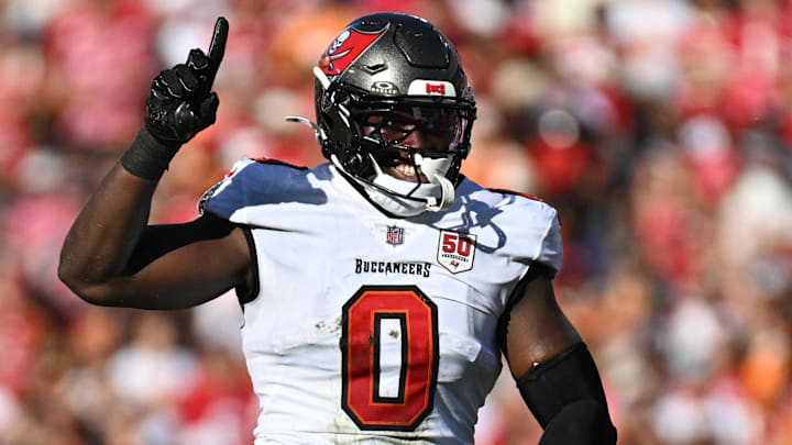 Oct 12, 2025; Tampa, Florida, USA; Tampa Bay Buccaneers linebacker Yaya Diaby (0) celebrates a sack in the first half against the San Francisco 49ers at Raymond James Stadium.