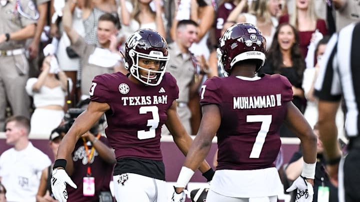 Sep 2, 2023; College Station, Texas, USA; Texas A&M Aggies wide receiver Noah Thomas (3) celebrates his touchdown in the first quarter with teammate wide receiver Moose Muhammad III (7) against the New Mexico Lobos at Kyle Field. Mandatory Credit: Maria Lysaker-USA TODAY Sports