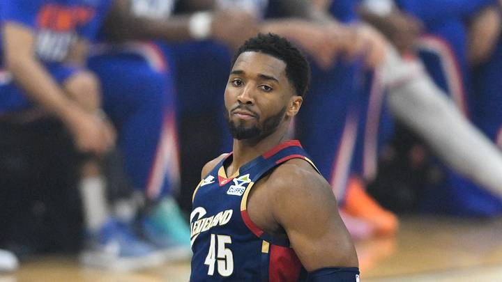 May 25, 2026; Cleveland, Ohio, USA; Cleveland Cavaliers guard Donovan Mitchell (45) reacts in the first quarter against New York Knicks during game four of the eastern conference finals for the 2026 NBA playoffs at Rocket Arena. Mandatory Credit: David Richard-Imagn Images May 25, 2026; Cleveland, Ohio, USA; Cleveland Cavaliers guard Donovan Mitchell (45) reacts in the first quarter against New York Knicks during game four of the eastern conference finals for the 2026 NBA playoffs at Rocket Arena. Mandatory Credit: David Richard-Imagn Images
