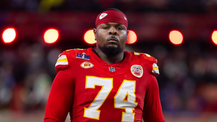 Feb 11, 2024; Paradise, Nevada, USA; Kansas City Chiefs offensive tackle Jawaan Taylor (74) against the San Francisco 49ers in Super Bowl LVIII at Allegiant Stadium. Mandatory Credit: Mark J. Rebilas-Imagn Images Feb 11, 2024; Paradise, Nevada, USA; Kansas City Chiefs offensive tackle Jawaan Taylor (74) against the San Francisco 49ers in Super Bowl LVIII at Allegiant Stadium. Mandatory Credit: Mark J. Rebilas-Imagn Images
