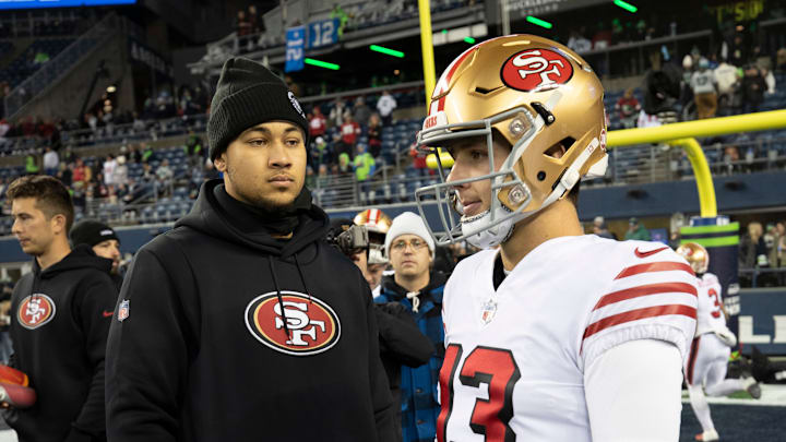 San Francisco 49ers quarterbacks Trey Lance (L) and Brock Purdy (R)