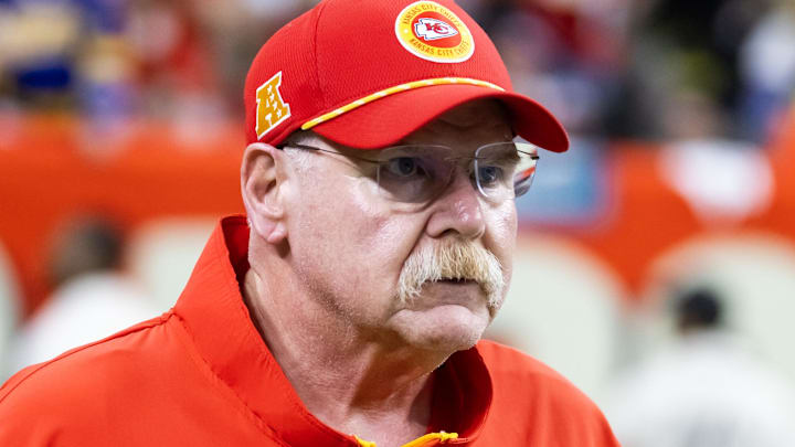 Feb 9, 2025; New Orleans, LA, USA;  Kansas City Chiefs head coach Andy Reid against the Philadelphia Eagles in Super Bowl LIX at Ceasars Superdome. Mandatory Credit: Mark J. Rebilas-Imagn Images