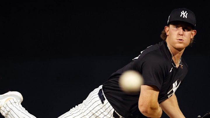 New York Yankees starting pitcher Clayton Beeter (85) throws a pitch during the first inning against the Miami Marlins at George M. Steinbrenner Field in 2024. New York Yankees starting pitcher Clayton Beeter (85) throws a pitch during the first inning against the Miami Marlins at George M. Steinbrenner Field in 2024.