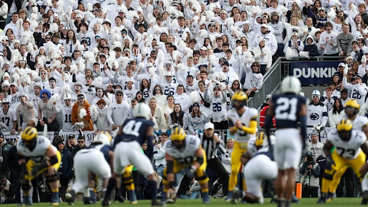 Penn State students make noise seeking to force a false start on the Michigan Wolverines offense during a 2023 game vs. the Penn State Nittany Lions at Beaver Stadium. Penn State students make noise seeking to force a false start on the Michigan Wolverines offense during a 2023 game vs. the Penn State Nittany Lions at Beaver Stadium.