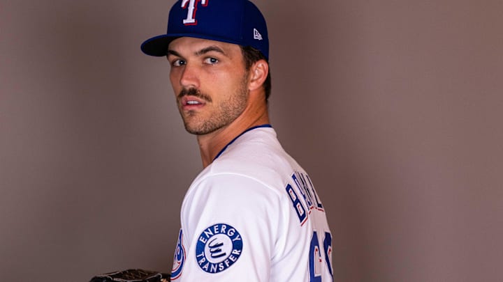 Feb 17, 2026; Surprise, AZ, USA; Texas Rangers pitcher Carter Baumler during media day at Surprise Sports Complex. Mandatory Credit: Arianna Grainey-Imagn Images
