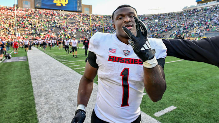 Sep 7, 2024; South Bend, Indiana, USA; Northern Illinois Huskies running back Antario Brown (1) celebrates after the Huskies defeated the Notre Dame Fighting Irish 16-14 at Notre Dame Stadium. Sep 7, 2024; South Bend, Indiana, USA; Northern Illinois Huskies running back Antario Brown (1) celebrates after the Huskies defeated the Notre Dame Fighting Irish 16-14 at Notre Dame Stadium.