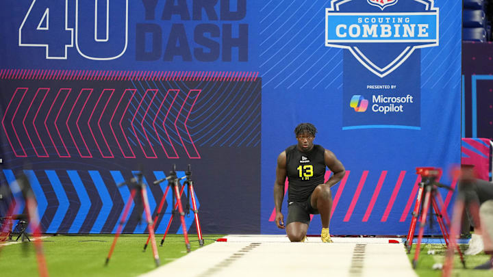 Feb 27, 2025; Indianapolis, IN, USA; South Carolina linebacker Demetrius Knight (LB13) participates in drills during the 2025 NFL Combine at Lucas Oil Stadium. Mandatory Credit: Kirby Lee-Imagn Images