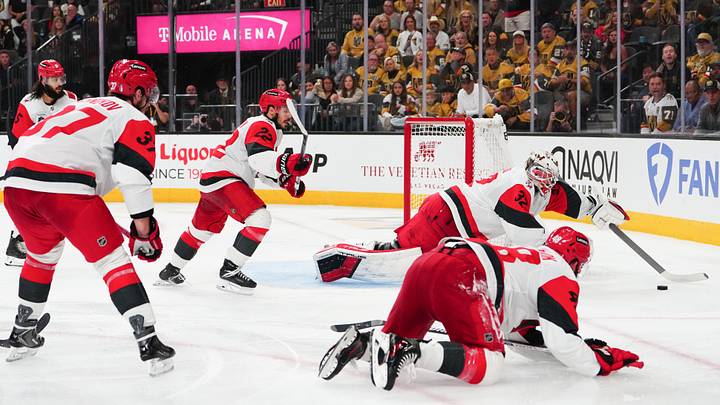 Jun 6, 2026; Las Vegas, Nevada, USA; Carolina Hurricanes goaltender Brandon Bussi (32) makes a save against the Vegas Golden Knights during the second overtime in game three of the 2026 Stanley Cup Final at T-Mobile Arena. Mandatory Credit: Stephen R. Sylvanie-Imagn Images Jun 6, 2026; Las Vegas, Nevada, USA; Carolina Hurricanes goaltender Brandon Bussi (32) makes a save against the Vegas Golden Knights during the second overtime in game three of the 2026 Stanley Cup Final at T-Mobile Arena. Mandatory Credit: Stephen R. Sylvanie-Imagn Images