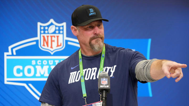 Feb 25, 2025; Indianapolis, IN, USA; Detroit Lions coach Dan Campbell speaks during the NFL Scouting Combine at the Indiana Convention Center. Mandatory Credit: Kirby Lee-Imagn Images
