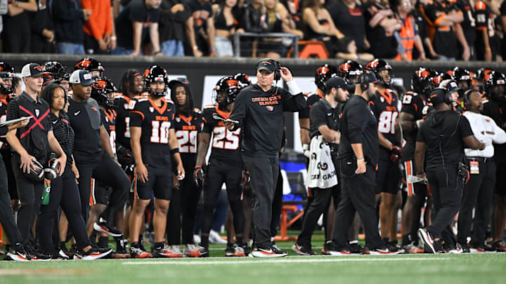 Aug 30, 2025; Corvallis, Oregon, USA; Oregon State Beavers head coach Trent Bray on the sideline during the second quarter against the California Golden Bears at Reser Stadium. Mandatory Credit: Craig Strobeck-Imagn Images Aug 30, 2025; Corvallis, Oregon, USA; Oregon State Beavers head coach Trent Bray on the sideline during the second quarter against the California Golden Bears at Reser Stadium. Mandatory Credit: Craig Strobeck-Imagn Images