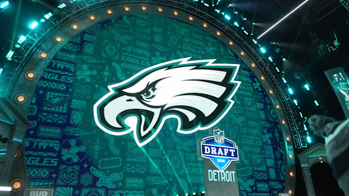 Apr 25, 2024; Detroit, MI, USA; A Philadelphia Eagles logo during the 2024 NFL Draft at Campus Martius Park and Hart Plaza. Mandatory Credit: Kirby Lee-Imagn Images