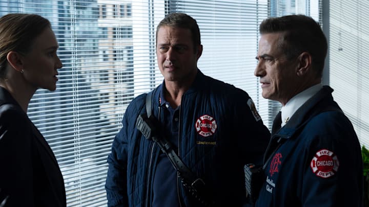 CHICAGO FIRE -- "Untouchable" Episode 13007 -- Pictured: (l-r) Taylor Kinney as Kelly Severide, Dermot Mulroney as Chief Dom Pascal