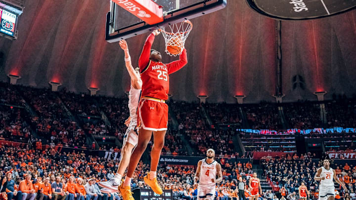 Maryland's Derik Queen goes up for the dunk against No. 17 Illinois
