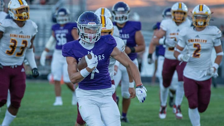 Spanish Springs Jaxson Harris (7) runs for a touchdown in the first half against Simi Valley in a football game played on Friday night, August 16, 2024 at Spanish Springs High School in Sparks, Nevada.