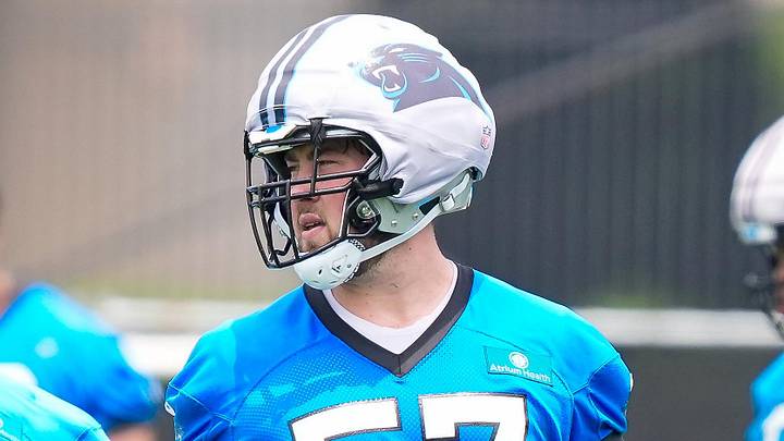 Carolina Panthers tackle Monroe Freeling (57) during the first day of mini camp Carolina Panthers tackle Monroe Freeling (57) during the first day of mini camp