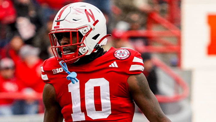 Nov 11, 2023; Lincoln, Nebraska, USA; Nebraska Cornhuskers linebacker Jimari Butler (10) during the first quarter against the Maryland Terrapins at Memorial Stadium. Mandatory Credit: Dylan Widger-Imagn Images