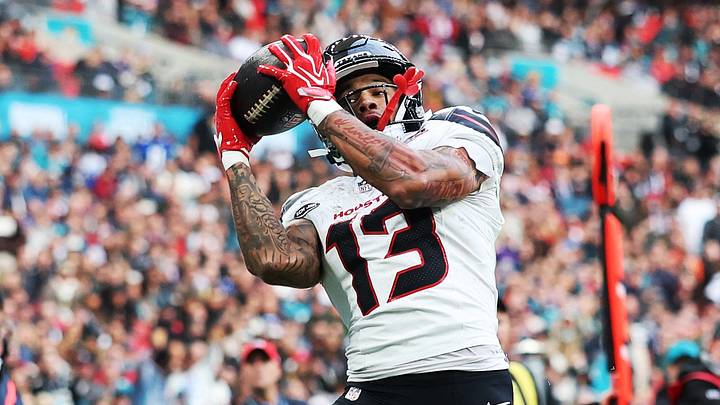 Houston Texans' Jaylin Noel catches a pass from C.J. Stroud to score their third touchdown. Houston Texans' Jaylin Noel catches a pass from C.J. Stroud to score their third touchdown.
