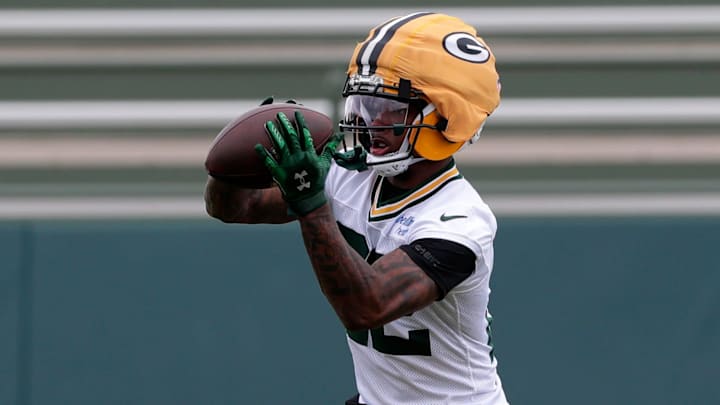 Green Bay Packers wide receiver Matthew Golden (22) catches the ball during the team's first day of minicamp on June 10, 2025, at Ray Nitschke Field in Ashwaubenon, Wis.