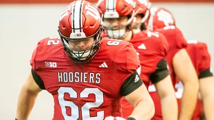 Indiana's Drew Evans (62) during warm-up drills during spring practice at the Mellencamp Pavilion on Tuesday, April 2, 2024.