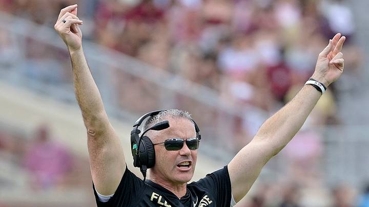 Oct 11, 2025; Tallahassee, Florida, USA; Florida State Seminoles head coach Mike Norvell during the second half against the Pittsburgh Panthers at Doak S. Campbell Stadium. Mandatory Credit: Melina Myers-Imagn Images